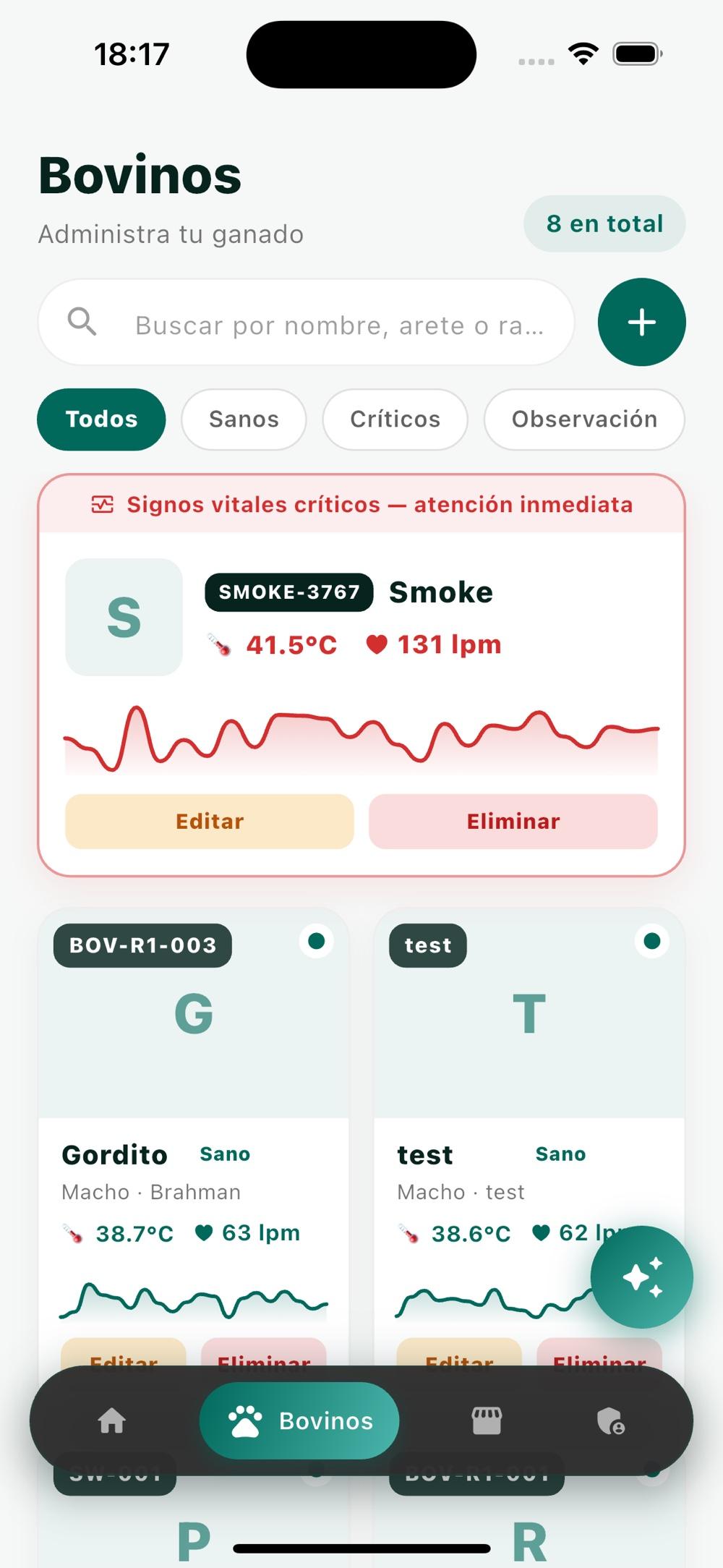VacApp — lista de bovinos y signos vitales
